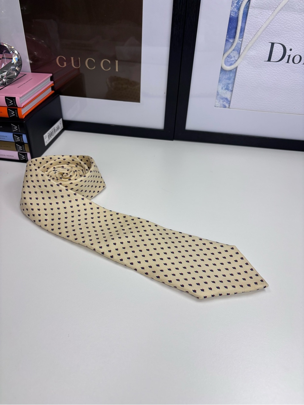 Wembley Yellow Silk Tie with Navy and Red Microdot Pattern